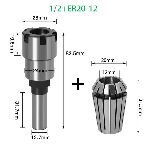 Heavy Duty 8mm To 1/2 Shank Router Bit Extension Rod For Milling Engraving Machine With Collet Set, including ER20 collet.