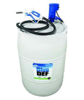 Blue 12 Volt Electric Drum Pump For Diesel Exhaust Fluid Transfer With 60 Hz One Phase Motor Handles Thick Liquids With Zero Sweat And Gets The Heavy Lifting Done Fast on a white barrel with hose.