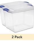Heavy-Duty Clear Plastic Storage Bins With No-Fuss Blue Latches, 27 Qt Stackable Organizers For Wardrobe Clothes And Bulk Supplies, Bpa Free And Built Tough To Handle Heavy Lifting, 2 Pack - Two clear bins with blue latches.