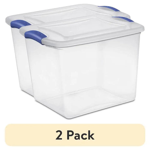 Heavy-Duty Clear Plastic Storage Bins With No-Fuss Blue Latches, 27 Qt Stackable Organizers For Wardrobe Clothes And Bulk Supplies, Bpa Free And Built Tough To Handle Heavy Lifting, 2 Pack - Two clear bins with blue latches.