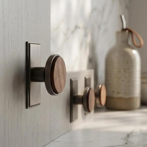 Nordic Style Cabinet Handles In Walnut Wood And Zinc Alloy For Kitchen Drawers And Wardrobes, Pearl Grey And Walnut Finish, Set Of 2