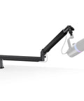 Heavy Duty Low Profile Microphone Boom Arm Stand For Gaming And Streaming With Solid Aluminum Build on a desk, angled for clarity.