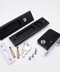 Privacy Pocket Door Lock Hardware In Matte Black, 6.3 Inch Recessed Pocket Sliding Door Handle With Keys, zinc alloy construction shown
