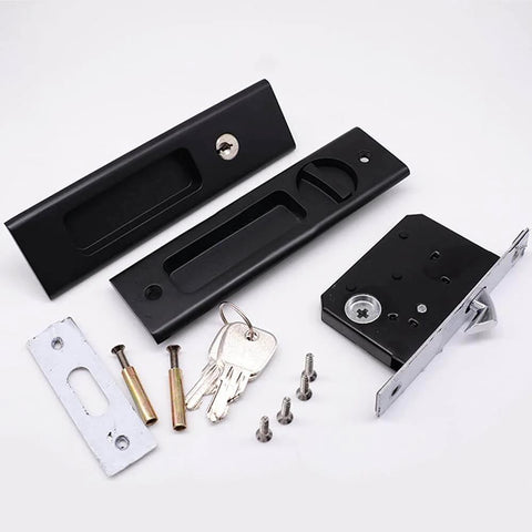 Privacy Pocket Door Lock Hardware In Matte Black, 6.3 Inch Recessed Pocket Sliding Door Handle With Keys, zinc alloy construction shown