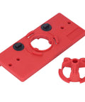 Woodworking hinge drilling guide base, red plastic with black knobs; 2-piece set with punch jig.