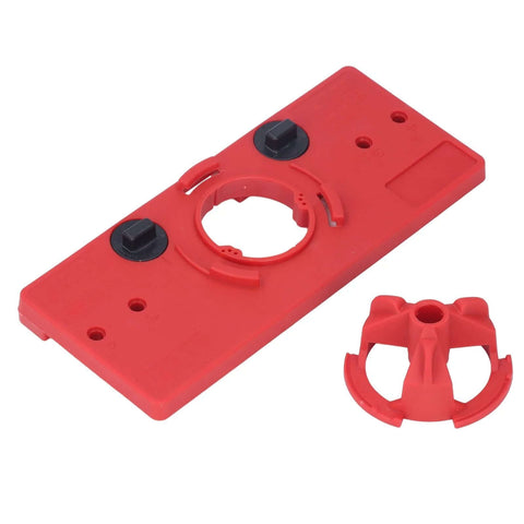 Woodworking hinge drilling guide base, red plastic with black knobs; 2-piece set with punch jig.