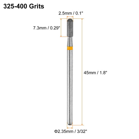Six Pack Diamond Grinding Bits 325-400 Grit With 2.5mm Shank for Rotary Tools, single bit detail showing dimensions.