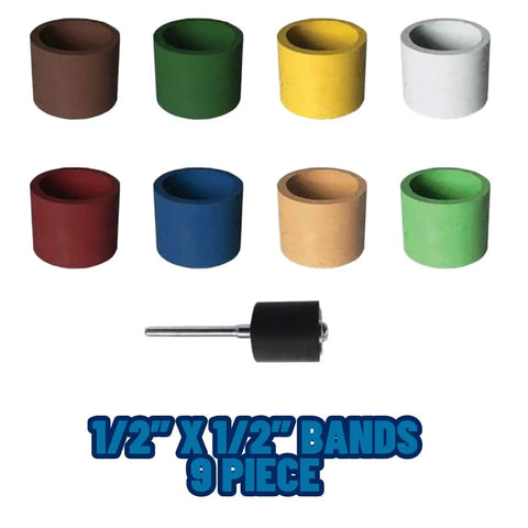 Half Inch By Half Inch Cylinder Sanding Bands Set For Rotary Tools Thermoplastic Construction Includes Assorted Eight Grit Textures And 1835 Mandrel Ideal For Precision Polishing And Finishing On Cylindrical Surfaces 9 Piece shown in multicolor