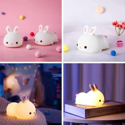 Bunny Squishy Night Light For Kids With Remote, 16 Colors And 5 Brightness Levels, Soft Silicone Lamp on bed and table