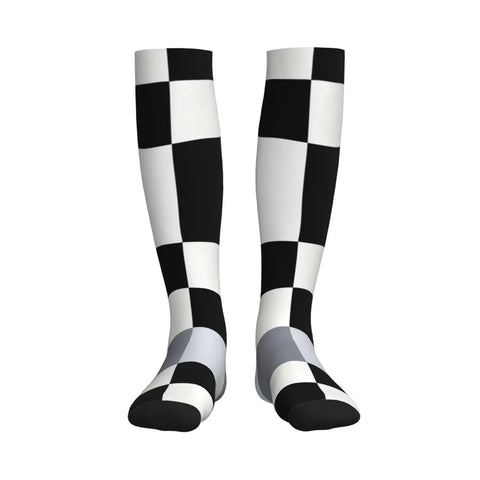 High Performance Unisex Athletic Compression Socks Featuring Graded Ankle Support Breathable Moisture Wicking Fabric Black White Piano Plate Grid Design.