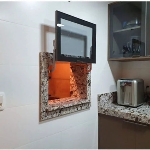 Vertical Lift Cabinet Door Hinge With Pneumatic Flap Up Support for Overhead Cabinets shown with upward open position in kitchen