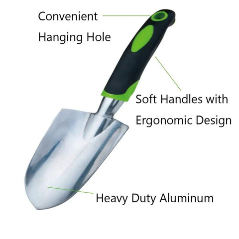 Garden Trowel And Wide Hand Shovel With Pointed Tip And Soft Rubberized Non Slip Ergonomic Handle in Bright Green Aluminum Alloy