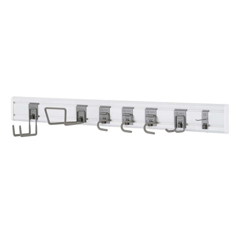 Heavy Duty Wall Track Storage System With Two PVC Panels And Seven Hooks for Garage, Shed and Pantry, wall-mounted view.