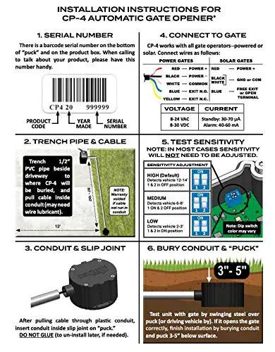 CP-4 Smart Driveway Free Exit Wand Sensor System With 100 Foot Cable For Gate Openers installation instructions diagram
