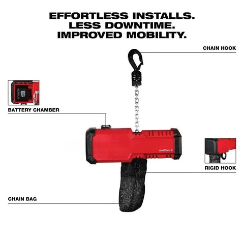 Replacement Compact Chain Hoist Kit 18V 1 Ton Capacity With Remote For 2983-22HD Heavy Duty Lifting Rig showing battery chamber and chain bag.