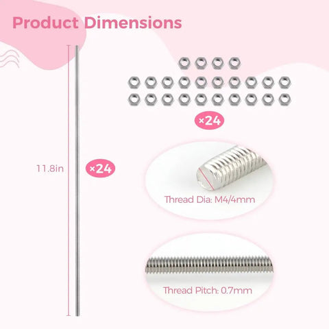Product dimensions of All In One 304 Stainless Steel Threaded Rods And Studs Kit with 11.8 inch rods, 24 nuts shown