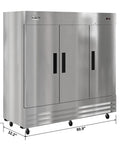 80 Inch Commercial Reach In Refrigerator Triple Door Stainless Steel Kitchen MVP Boasting 72 Cubic Feet Of Storage With Aluminum Interior And 9 Adjustable Shelves Includes Bottom Mounted Compressor For Pro Grilling Gang Success exterior view with dimensions