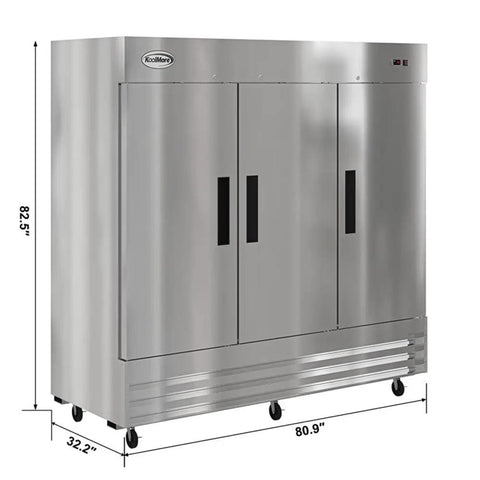 80 Inch Commercial Reach In Refrigerator Triple Door Stainless Steel Kitchen MVP Boasting 72 Cubic Feet Of Storage With Aluminum Interior And 9 Adjustable Shelves Includes Bottom Mounted Compressor For Pro Grilling Gang Success exterior view with dimensions