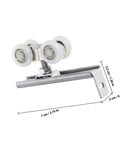 Top Notch Two Piece Stainless Steel Barn Door Roller Hardware With Foolproof Wall Mounted Track And Heavy Duty Wheels For Tight Rooms And Hassle Free Install close-up of durable roller and steel bracket.