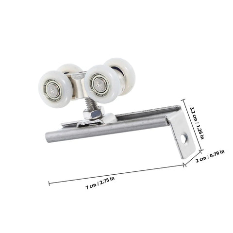 Top Notch Two Piece Stainless Steel Barn Door Roller Hardware With Foolproof Wall Mounted Track And Heavy Duty Wheels For Tight Rooms And Hassle Free Install close-up of durable roller and steel bracket.