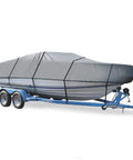 Heavy Duty Boat Cover For Triumph V15 Cool 2002 Model on trailer with 600 Denier Breathable Urethane Coated Marine Canvas in gray