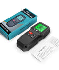7 in 1 Smart Stud Finder Wall Scanner with LCD Display beside its box and manual, showcasing ergonomic grip and display.