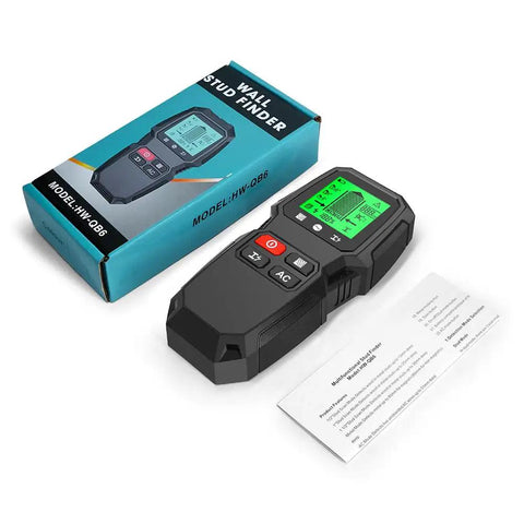 7 in 1 Smart Stud Finder Wall Scanner with LCD Display beside its box and manual, showcasing ergonomic grip and display.