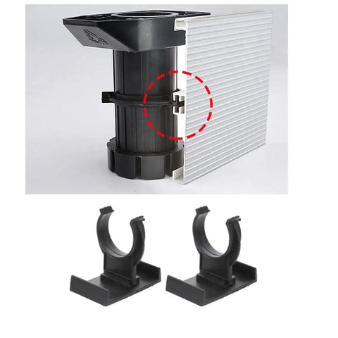 Heavy Duty 10 Pack Toe Kick Clips For Cabinet Leveler Legs With Snap On Plastic Brackets For 1 Inch Furniture Feet And Kitchen Plinth Skirting Board No Sweat Setup, showing black plastic clips and connector.