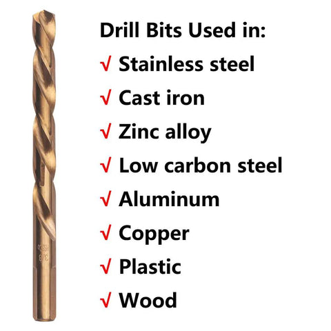 Left Hand Drill Bit Set 15 Pcs M35 Cobalt for various materials including stainless steel, cast iron, and wood, with text usage list.
