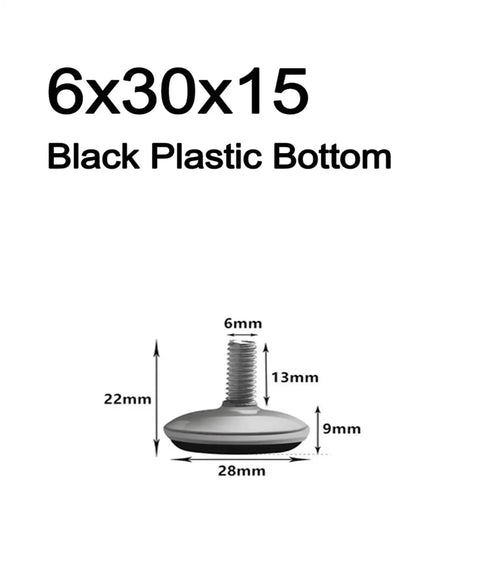 Adjustable Furniture Leg Set With Aluminum Alloy Foot Screws M6 M8 M10 for Tables and Chairs, dimensions shown, black plastic base