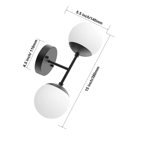 Dimensions of Black Two Light Globe Wall Sconce Modern Indoor Lighting For Living Room Bedroom Hallway Bathroom With 3000K G9 Bulbs Included Hardwired Easy Install Today are shown.