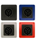 Hella Wild Fake EV Charging Port Gas Diesel Truck Magnet J1772 Faceplate Decoy in black, blue, white, red colors.