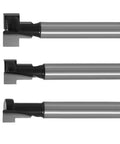 Heavy Duty Three Piece Keyhole Router Bit Set With Rugged Quarter Inch Shank Corrosion Resistant Coating for precise wood milling.