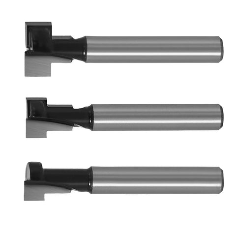 Heavy Duty Three Piece Keyhole Router Bit Set With Rugged Quarter Inch Shank Corrosion Resistant Coating for precise wood milling.