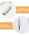 Push to Open Cabinet Latch Set Six Piece No Handle Needed Self Eject Design With Steel Shell Soft Close Hinges shown in detail.