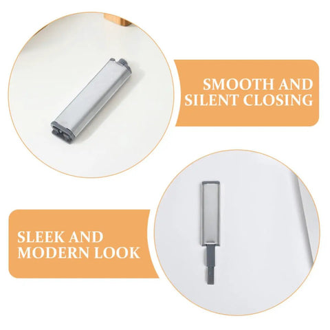 Push to Open Cabinet Latch Set Six Piece No Handle Needed Self Eject Design With Steel Shell Soft Close Hinges shown in detail.