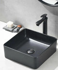 Sleek Matte Black Rectangle Vessel Sink 14 By 14 Inch Above Counter Vanity With Porcelain Ceramic Low Water Absorption Acid Resistant Easy To Clean Surface Durable Modern Bathroom Vessel Sink With Black Pop Up Drain