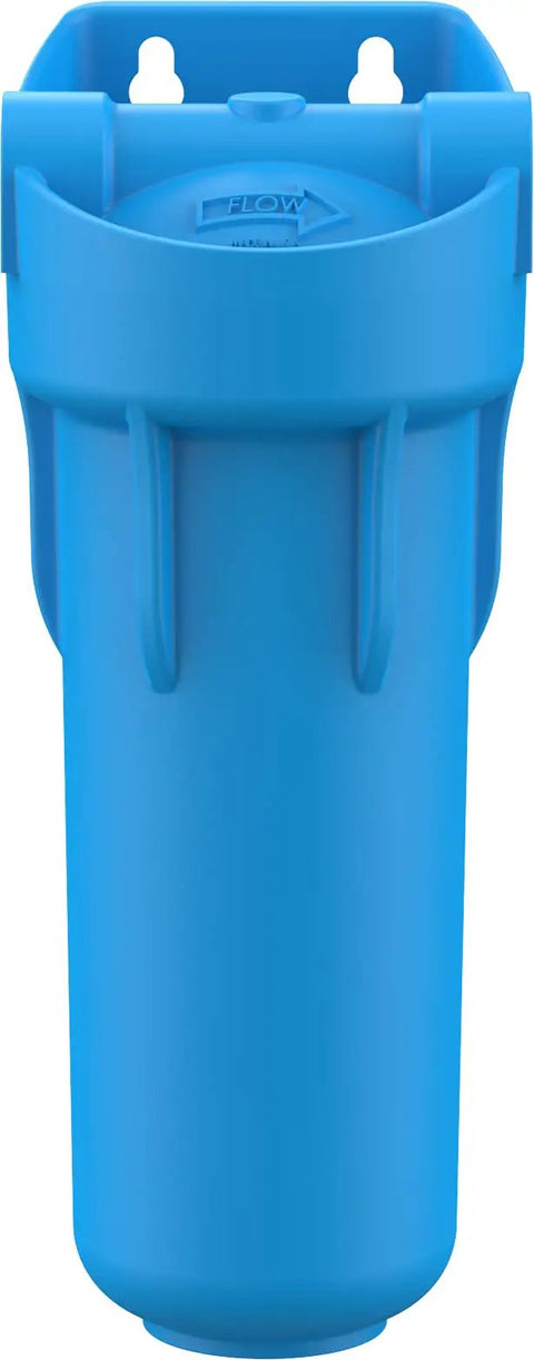 Front view of OB1 Filter Housing 10 Inch Opaque Whole House Water Filter Housing with Integral Mounting Bracket in blue polypropylene