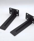 Rock Hard Heavy Duty Corner Shelf Brackets With Matte Black Finish And Rust Resistant Iron angled view showing mounting holes.