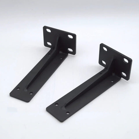 Rock Hard Heavy Duty Corner Shelf Brackets With Matte Black Finish And Rust Resistant Iron angled view showing mounting holes.