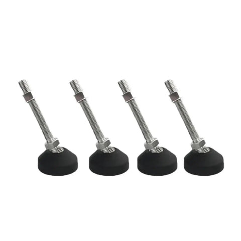 Top Shelf Adjustable Furniture Levelers With Swivel Glide Caps To Knock Out Wobble And Keep Tables Chairs Cabinets And Dining Sets Rock Solid On Uneven Floors M8 M10 Thread, showing four metal levelers with rubber caps.