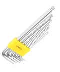Top Notch 7 Pc Extended Hex Key L Wrench Set With Long Handles For Mechanics Pros And DIY Guys Featuring Ergonomic Grips In Sizes From.5mm To 6mm Made Of Durable Steel For Tough Jobs. 7-piece steel hex key set in yellow holder, sizes 0.5mm to 6mm