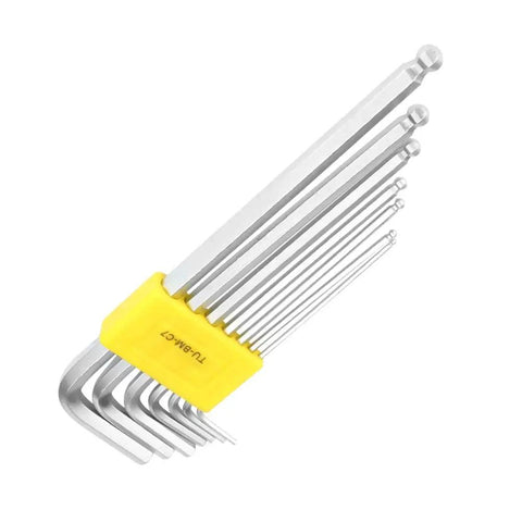 Top Tier 7 Piece Ball End Hex Key Wrench Kit Made From Chrome Vanadium Steel For Heavy Duty Jobs, Pros And DIY Rockstars Needing Extended L Shaped Tools For Garage Repair And Engineering Projects. 7-piece chrome vanadium ball end hex key set with yellow holder