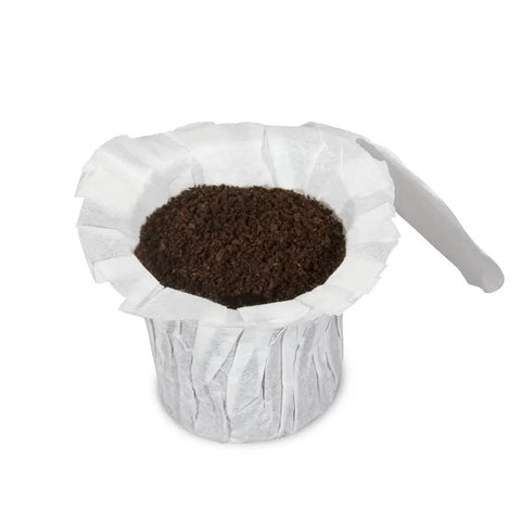 EZ Carafe Disposable Paper Filters With Patented Top Lid for Keurig 2.0 filled with coffee grounds, mess-free cleanup