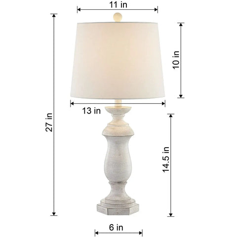 27 Inch Farmhouse Table Lamps Set Of 2 For Living Room Rustic End Table Lamps With White Fabric Shade Antique White Finish 3 Way Dimmable Bedside Nightstand Lighting For A Cozy Vibe, showing dimensions