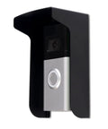 Outdoor Black Doorbell Anti-Glare Cover With Inward-Fold Sun Shade, Weatherproof Steel Guard installed over a video doorbell