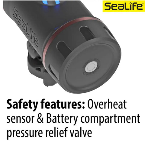 Sea Dragon 3000SF Pro Dual Beam Compact Underwater LED Light safety features, overheat sensor, and pressure relief valve details