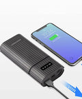 Dual 18650 And 21700 Battery Box Power Case, USB C Quick Charge Hub with digital display charging smartphone.