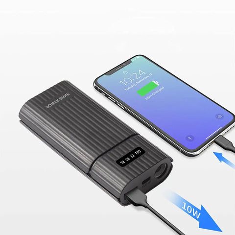 Dual 18650 And 21700 Battery Box Power Case, USB C Quick Charge Hub with digital display charging smartphone.
