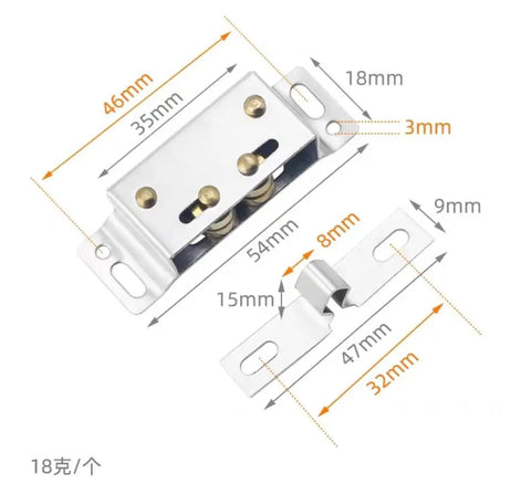 Push To Open Cabinet Latch Set 2 Pack Stainless Steel Silver Double Roller Door Catch dimensions shown